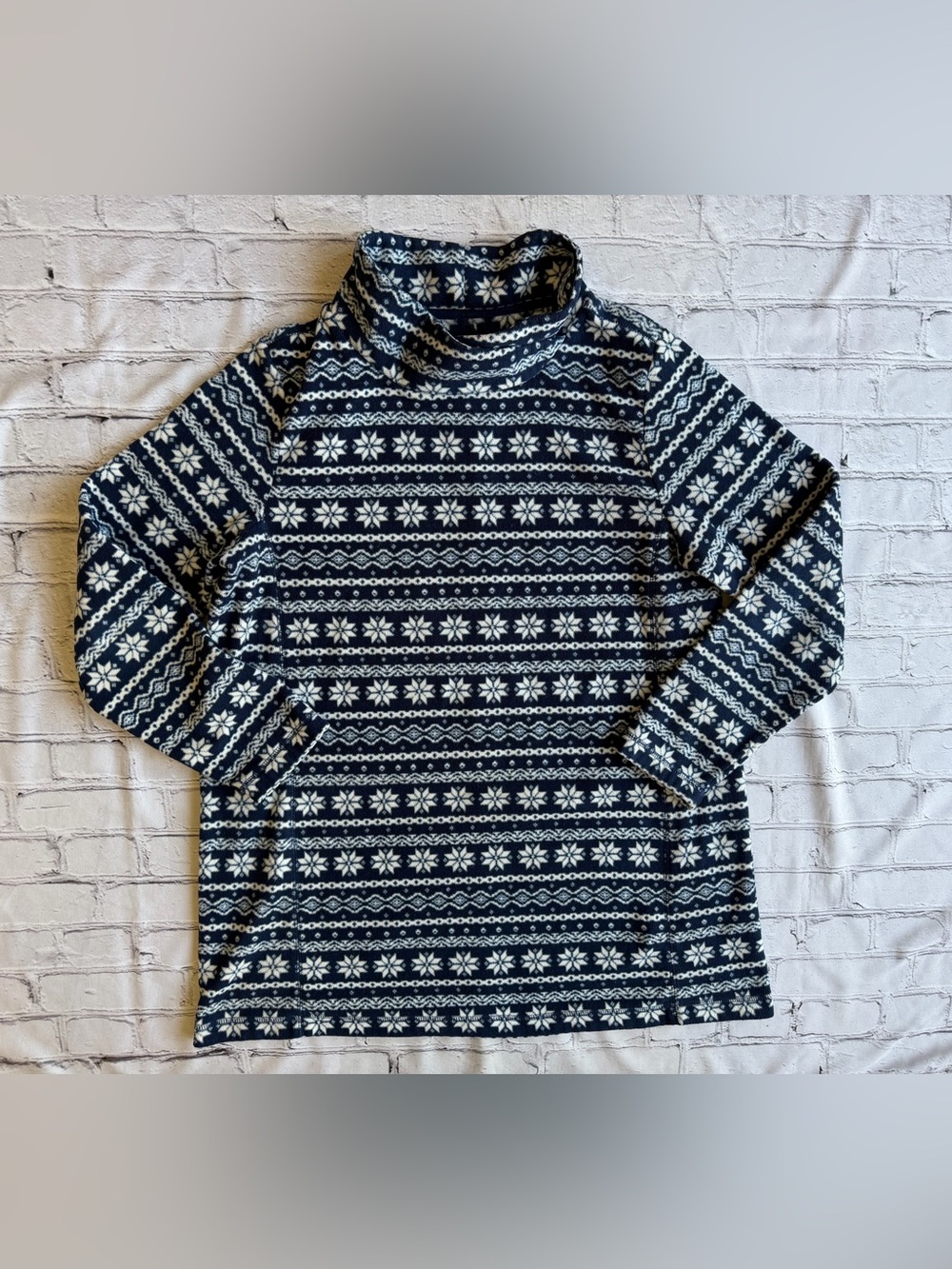 Lands' End Pullover Womens Fleece Mock Neck Large Faire Isle Snowflake Print EUC